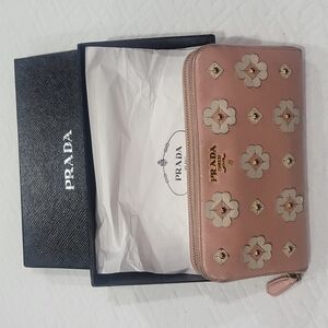 Prada Saffiano Leather Flower Pearl Long Zip Around Wallet